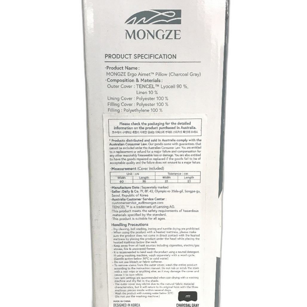 MONGZE Ergo Airnet Pillow Max Airflow 100% Washable Height Adjustable Grey NEW