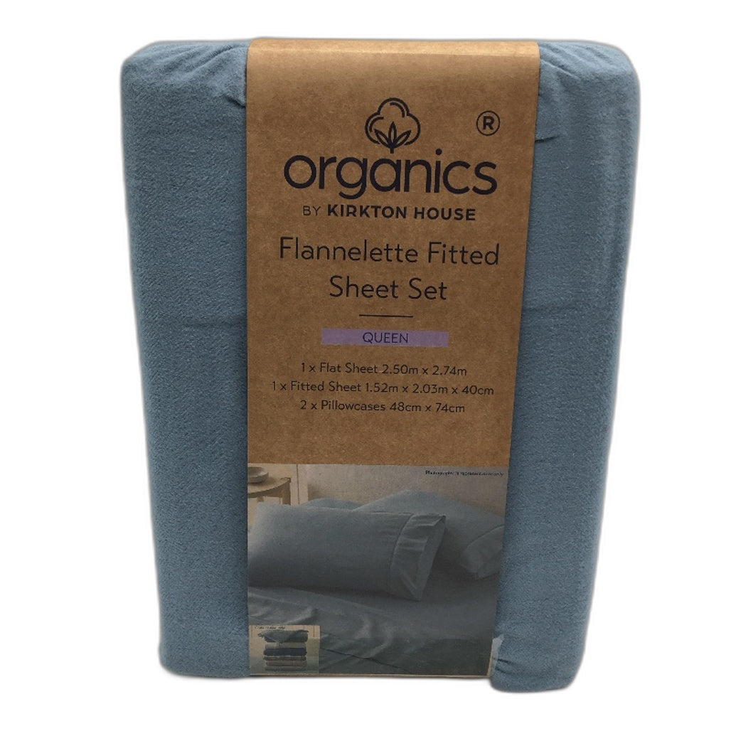 Organics by Kirkton House Flannelette Citidel Blue Fitted Sheet Set QUEEN NEW