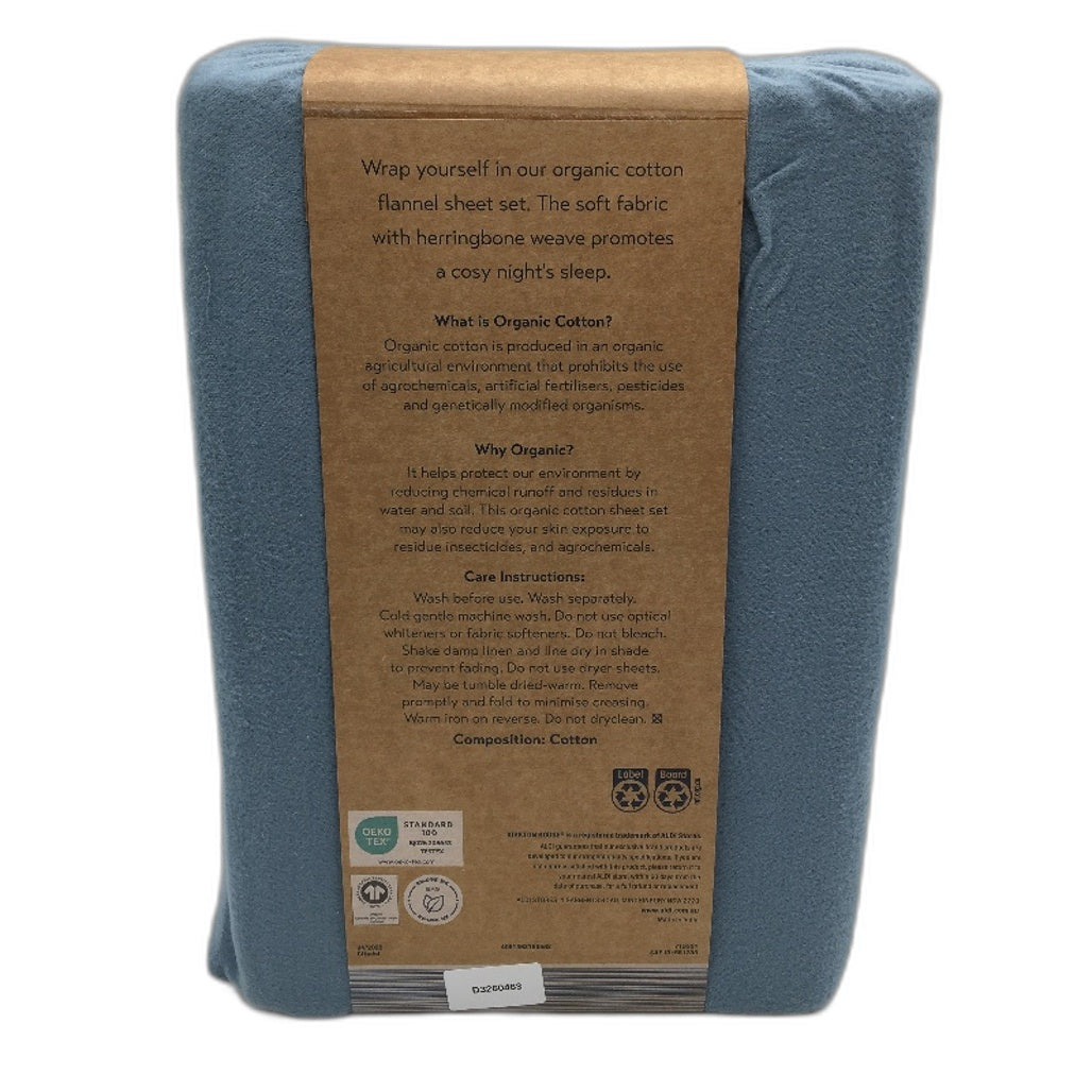 Organics by Kirkton House Flannelette Citidel Blue Fitted Sheet Set QUEEN NEW