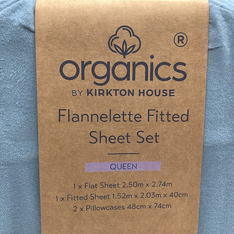 Organics by Kirkton House Flannelette Citidel Blue Fitted Sheet Set QUEEN NEW