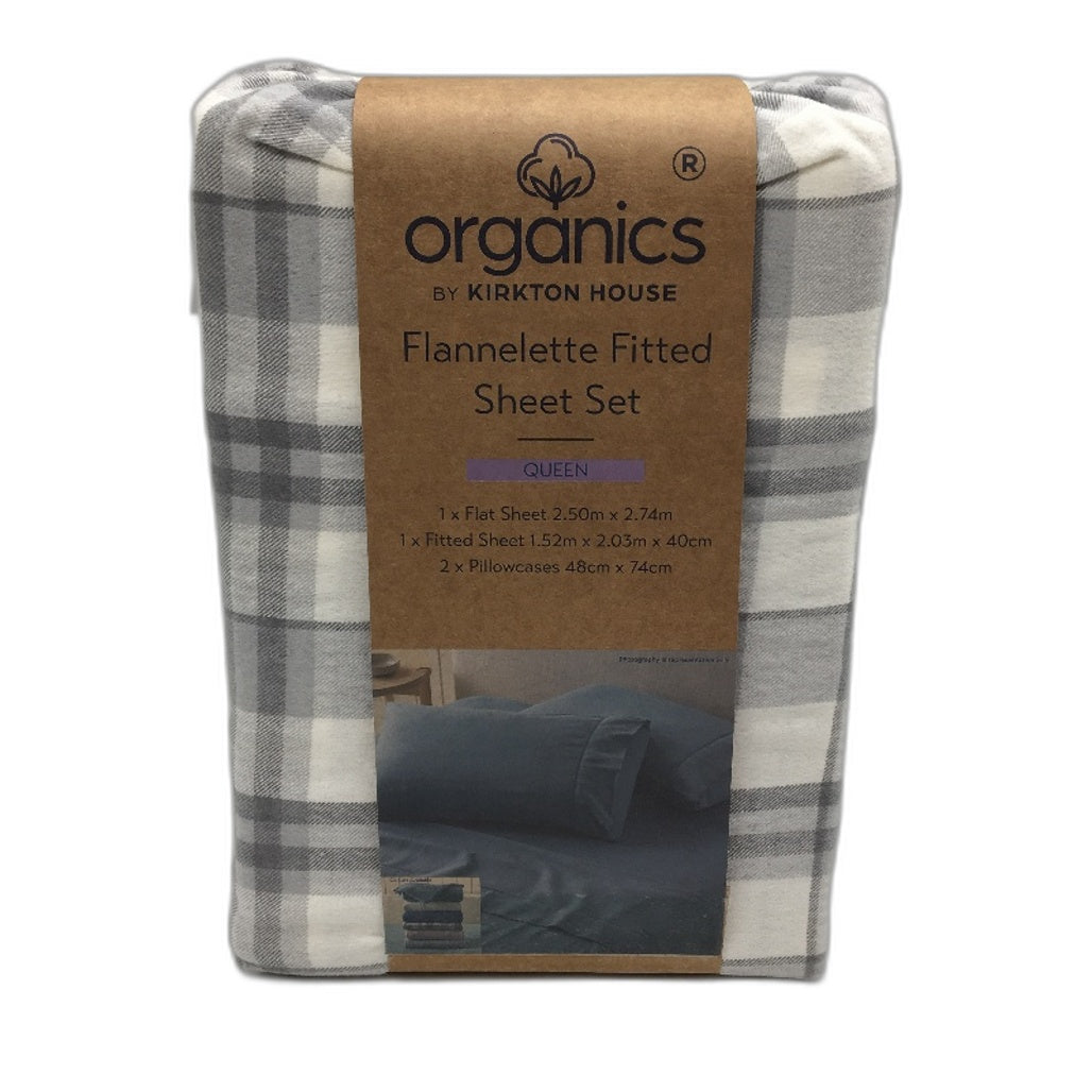 Organics by Kirkton House Flannelette Grey Check Fitted Sheet Set QUEEN NEW