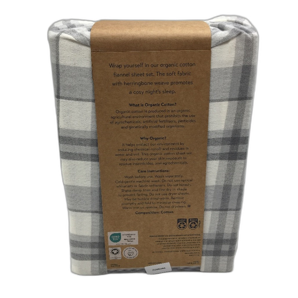 Organics by Kirkton House Flannelette Grey Check Fitted Sheet Set QUEEN NEW