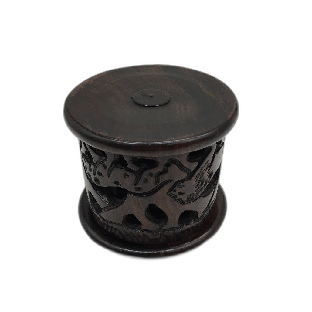 African Handcrafted Ebont Timber 6 Coaster Set In Storage Conatiner & Lid