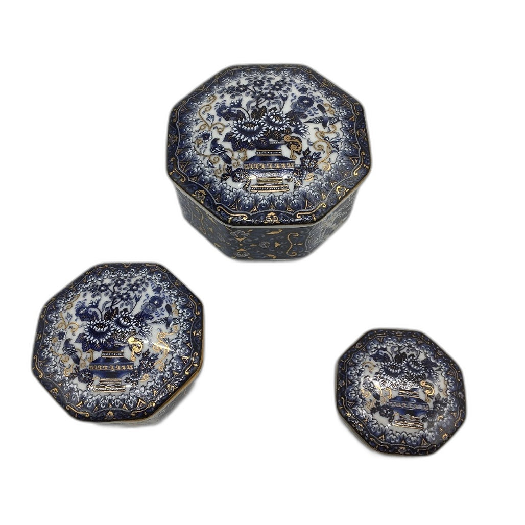 ORNATE Shibata Japan Inspired Blue & Gold Octagonal Porcelain Trinket Boxes