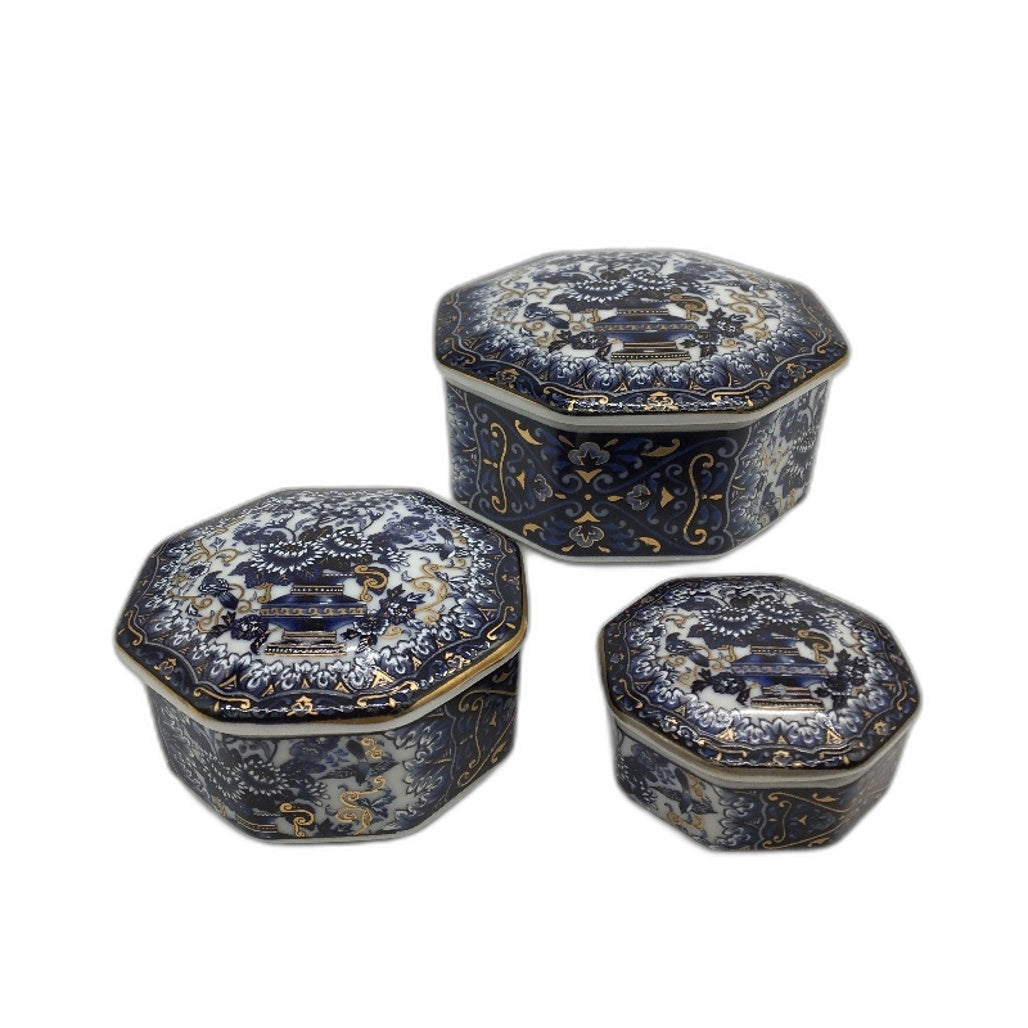 ORNATE Shibata Japan Inspired Blue & Gold Octagonal Porcelain Trinket Boxes
