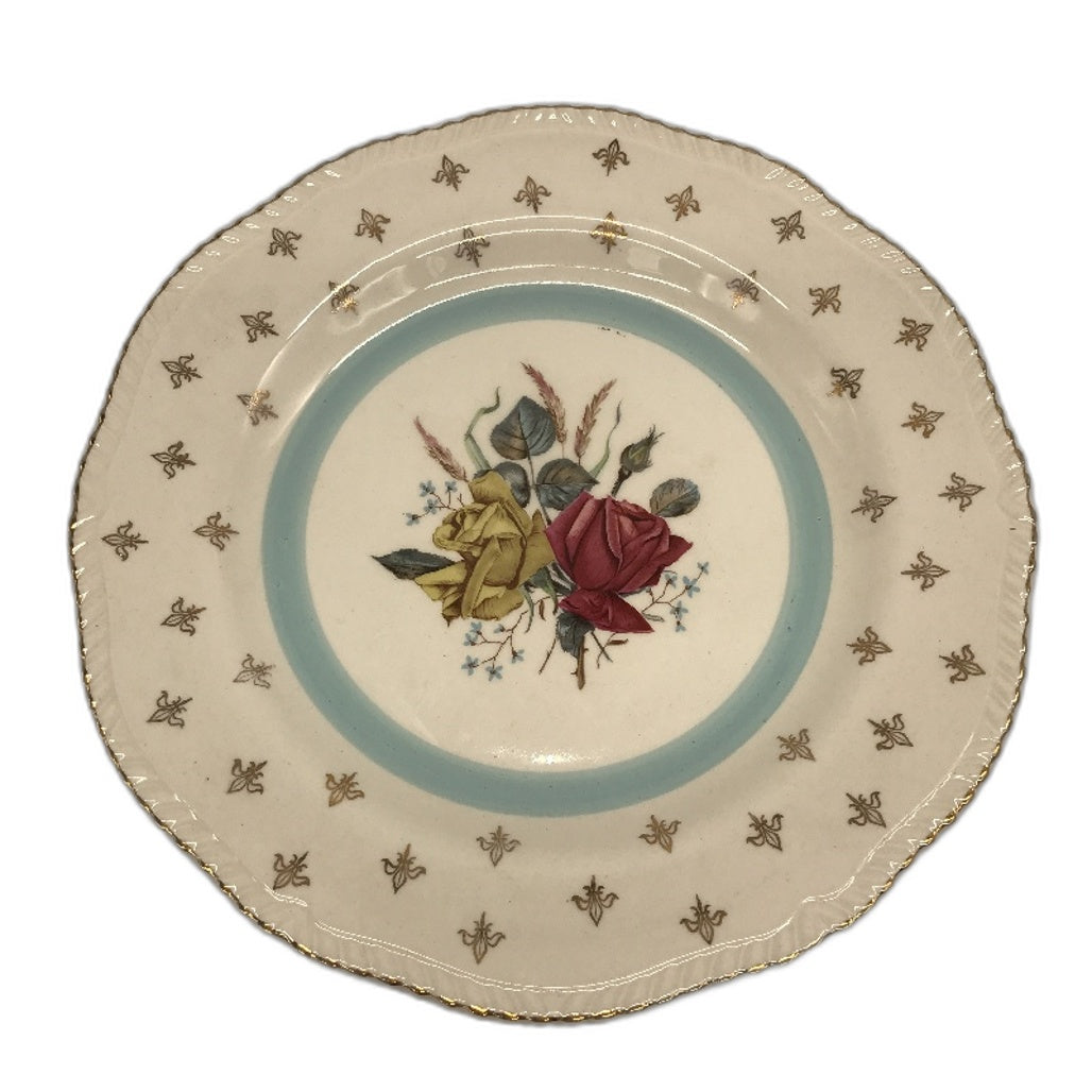 Wood & Sons England Alpine White Ironestone Blue & Gold Floral 16Pce Plate Set