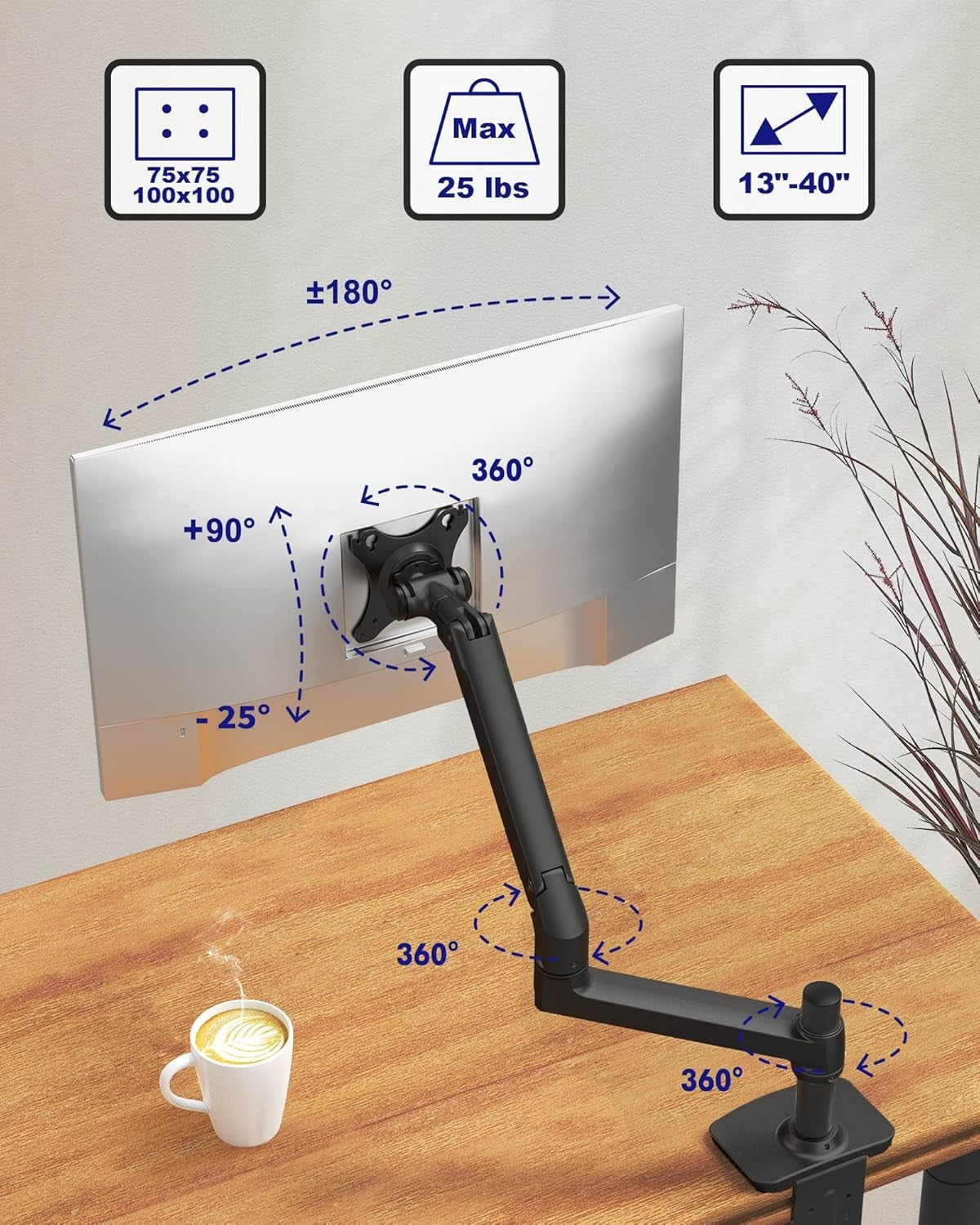 Ergounion E6 Single Monitor Arm Desk Mount for 40" Screens, Adjustable Vesa NEW