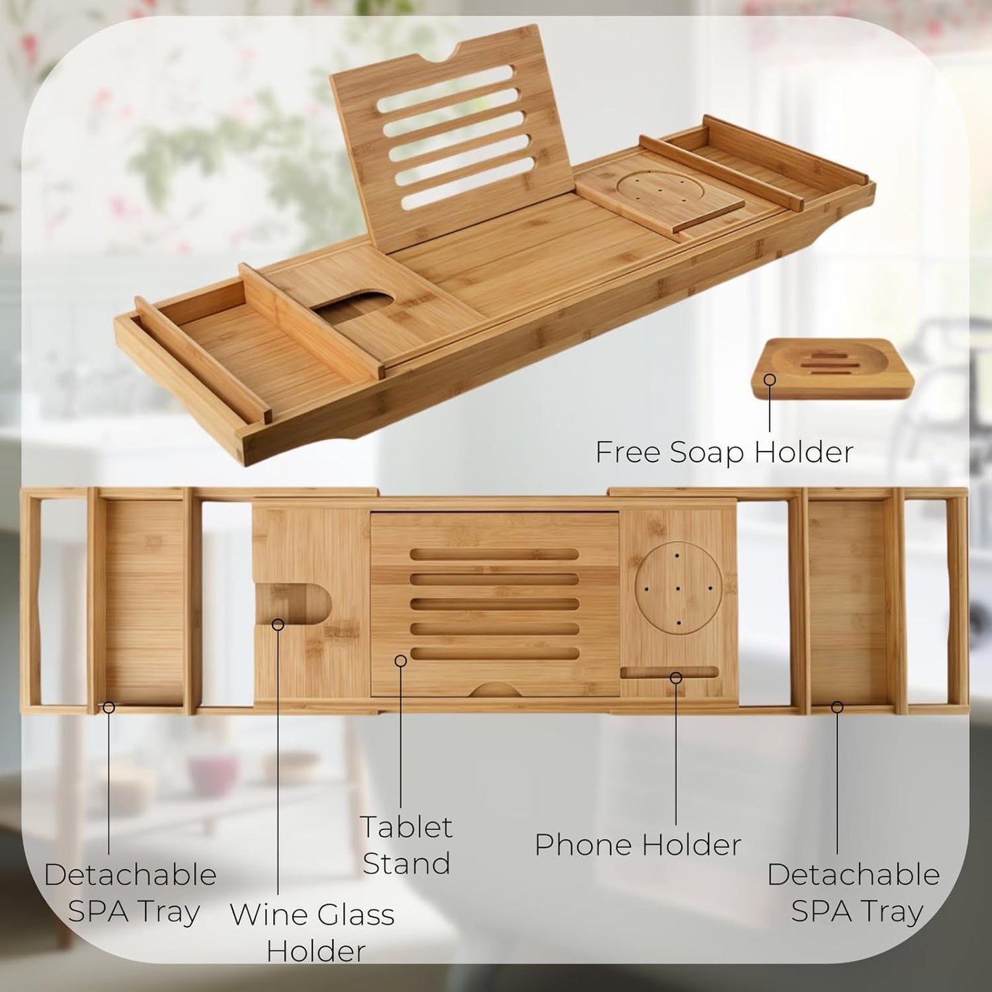 Premium Bamboo Bathtub Tray - Luxurious Spa Set for Relaxing Bath... NEW