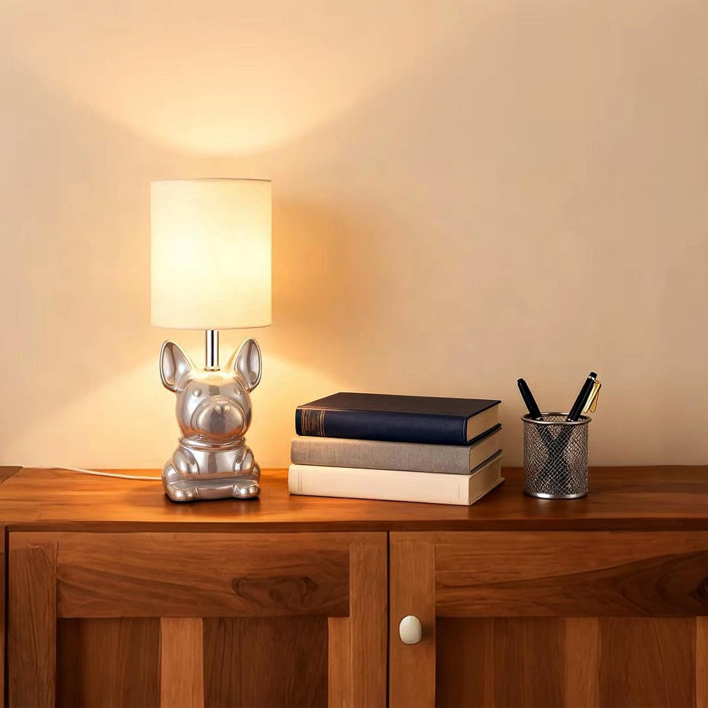 EOEYYOYB Set of 2 Pearl Ceramic Puppy Table Lamp Set with 4W LED Bulb NEW