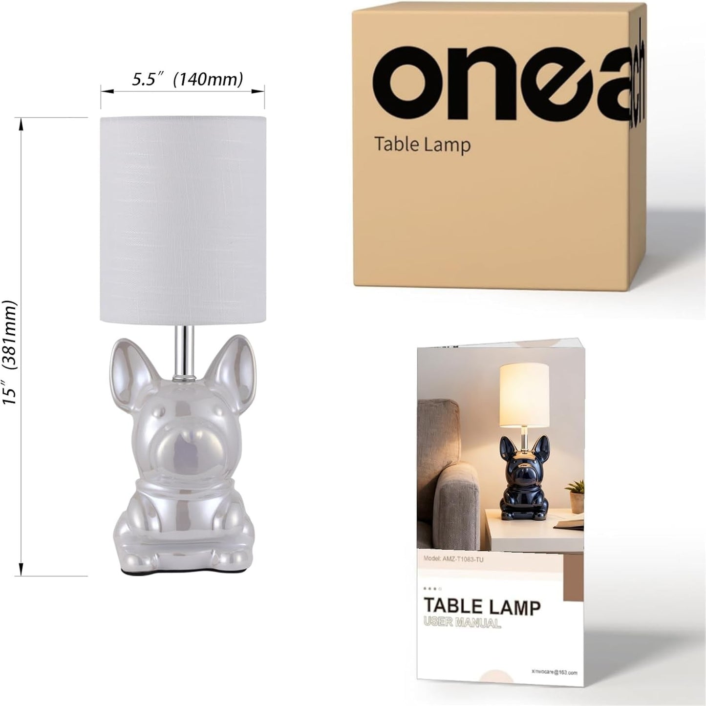 EOEYYOYB Set of 2 Pearl Ceramic Puppy Table Lamp Set with 4W LED Bulb NEW