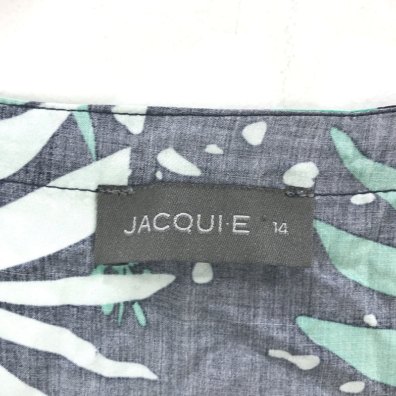 Jacqui E Shortsleeve Green Navy Palm Tie Front Viscose Top Ladies Size 14