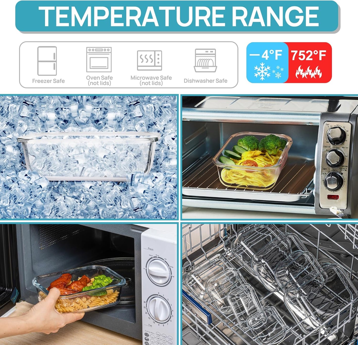 Vtopmart 18 Piece Airtight Clear Glass Food Containers with Teal Lined Lids NEW