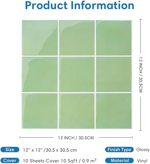 COMSTICKC Decor 10 Piece Light Green Square Peel and Stick Backsplash Tiles NEW