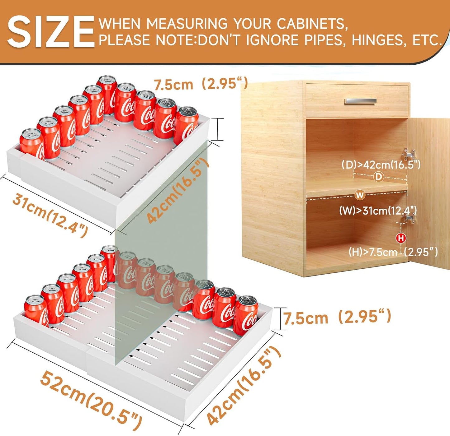2 Pack 42cm Deep Expandable White Pull Out Metal Drawers for Cabinets NEW