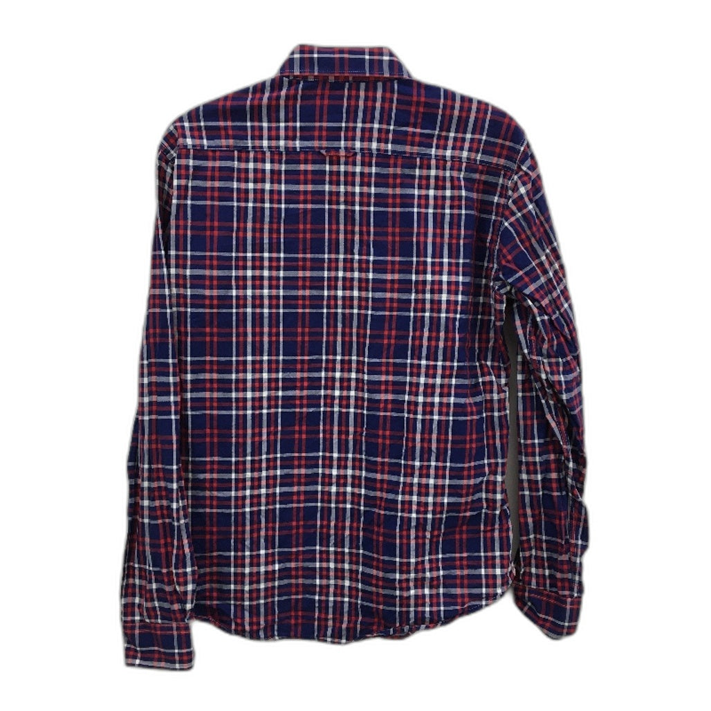 Oxford Slim Fit Navy Blue & Red Check 100% Cotton Long Sleeve Shirt Mens Size M