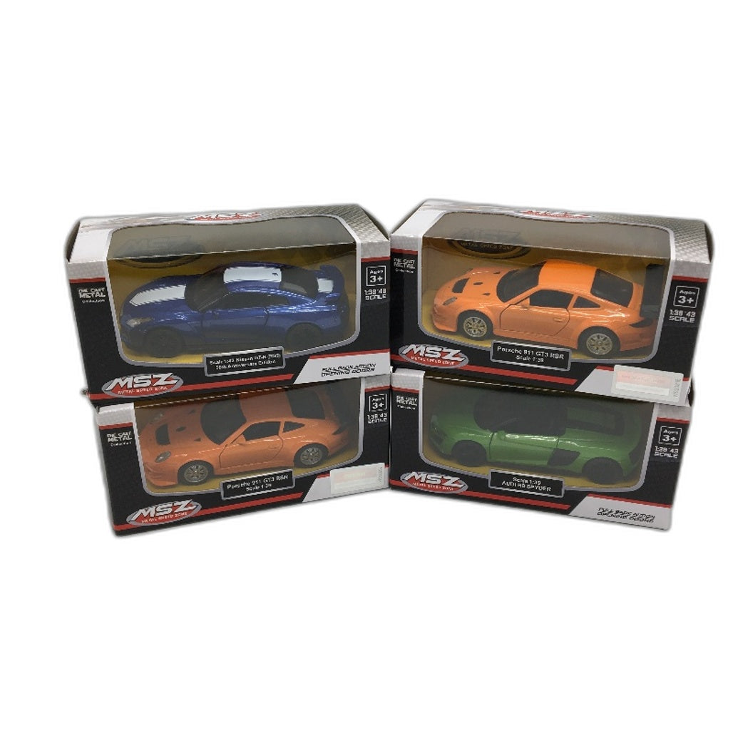 MSZ Assorted 4 Pack 1:39 Porsche Audi Nissan Die Cast Model Cars NEW