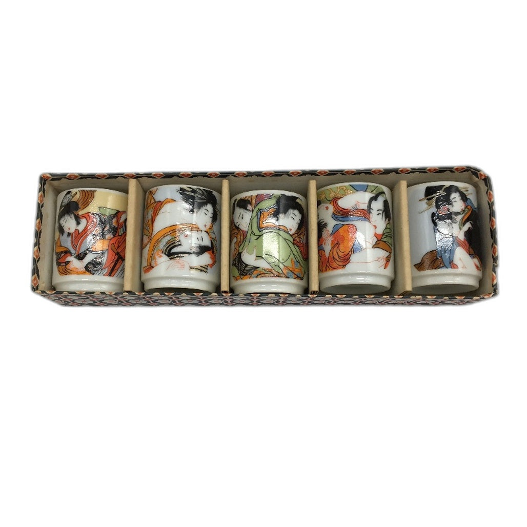 VINTAGE Set of 6 Japanese Shunga Sake Shot Cups Karma Sutra Printed