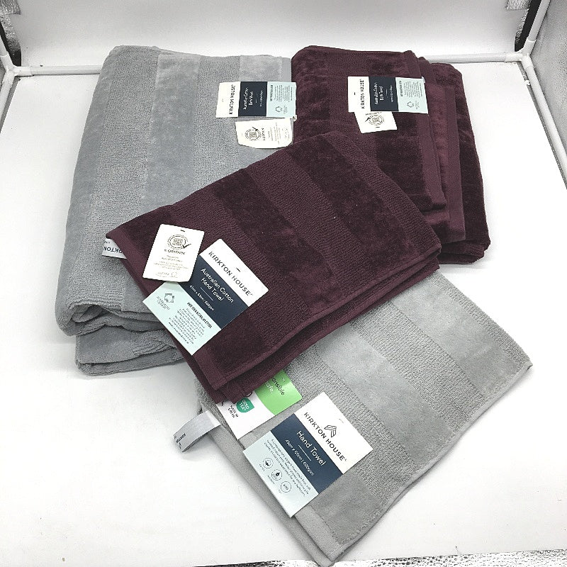 Kirkton House 4pc Plum & Grey Cotton Velour Bath Sheet & Bath Towel Pack NEW