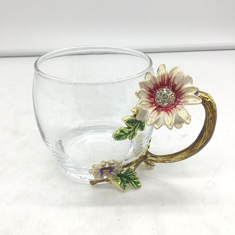 Handmade Lead Free Enamel Flower 11OZ Glass Coffee Mug Tea Cup With Spoon NEW