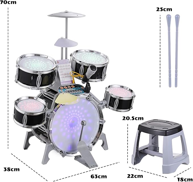 Children's Jazz Black Electric Drum Instrument Toy Set for Ages 3 Up NEW
