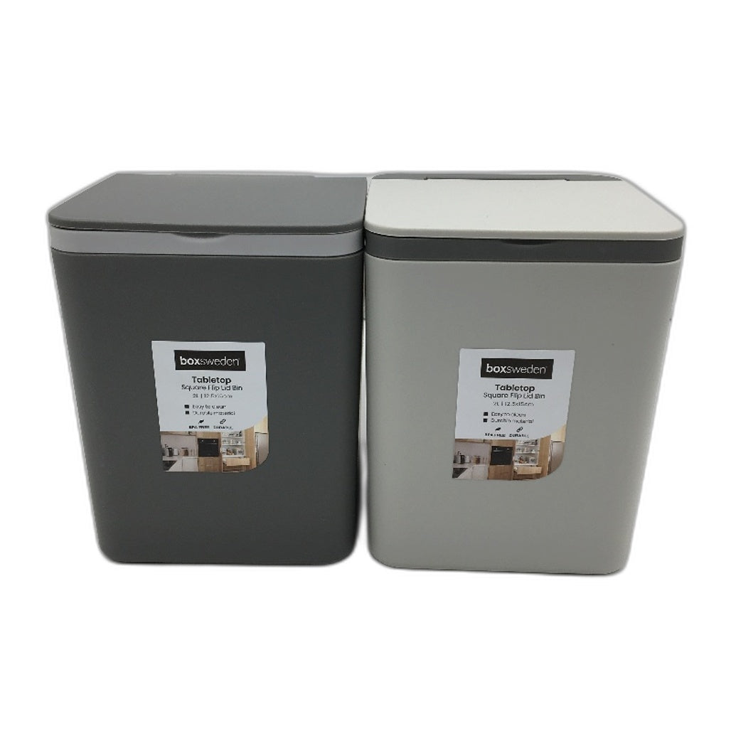 Boxsweden 12 Pack 2 Litre Tabletop Square Flip Lid Grey and White Bins NEW