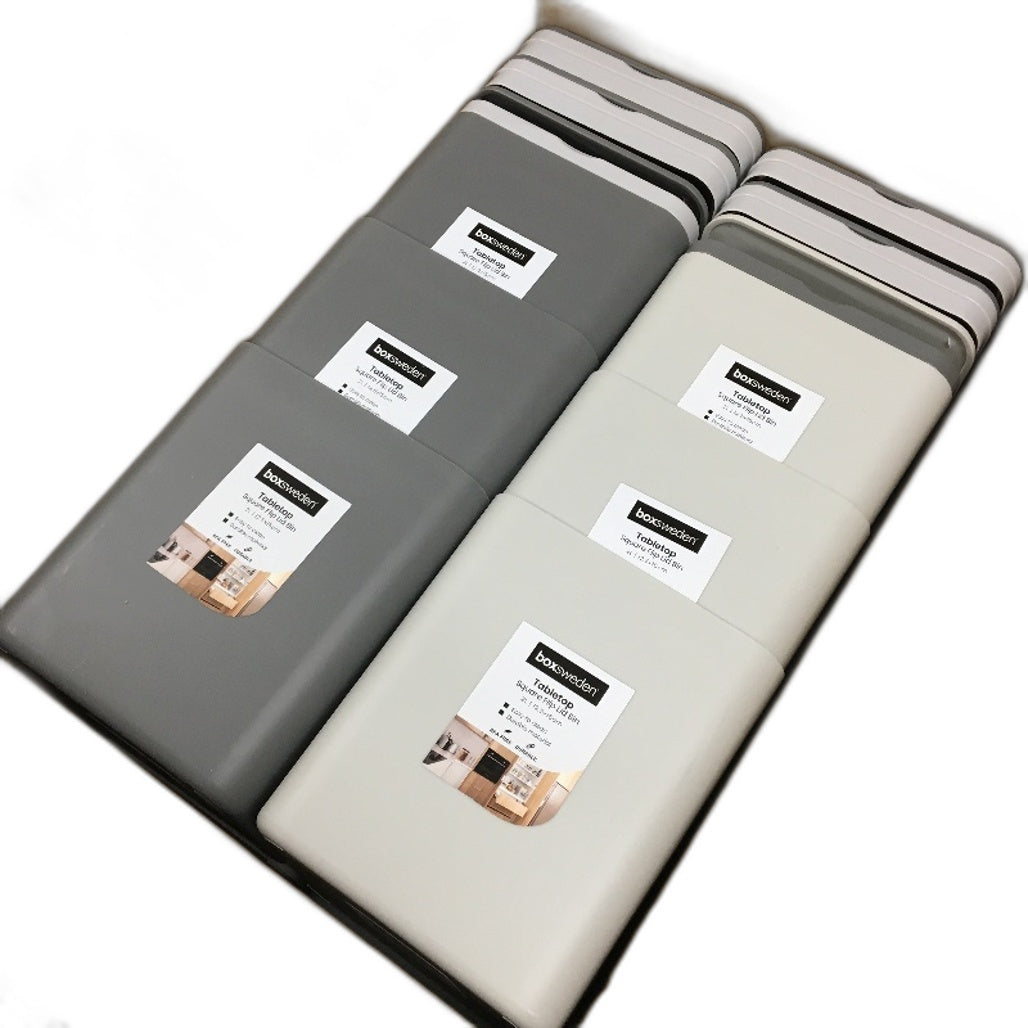 Boxsweden 12 Pack 2 Litre Tabletop Square Flip Lid Grey and White Bins NEW