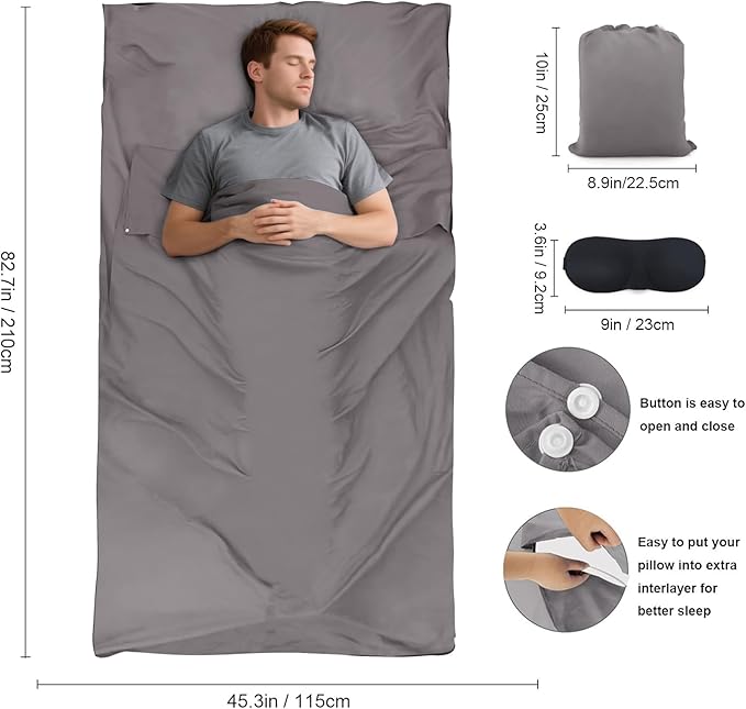 Breenhill Grey Sleeping Bag Liner with Earplugs and Sleep Mask Single Size NEW