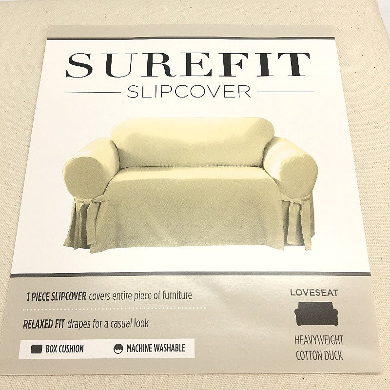 SUREFIT Heavyweight Cotton Duck Loveseat Box Cushion Slipcover Relaxed Fit NEW