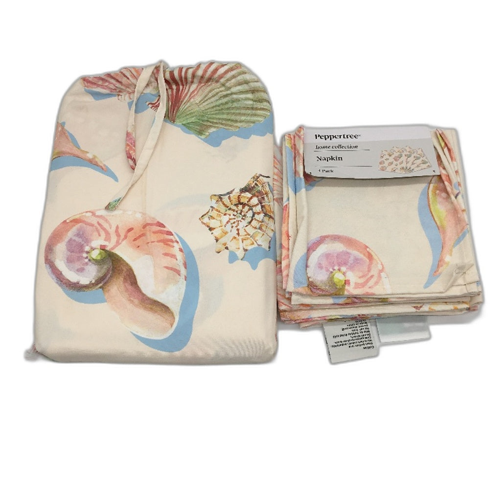Peppertree Beach Shell Cotton Rectangle Tablecloth 150x 228cm & 4 Napkins NEW