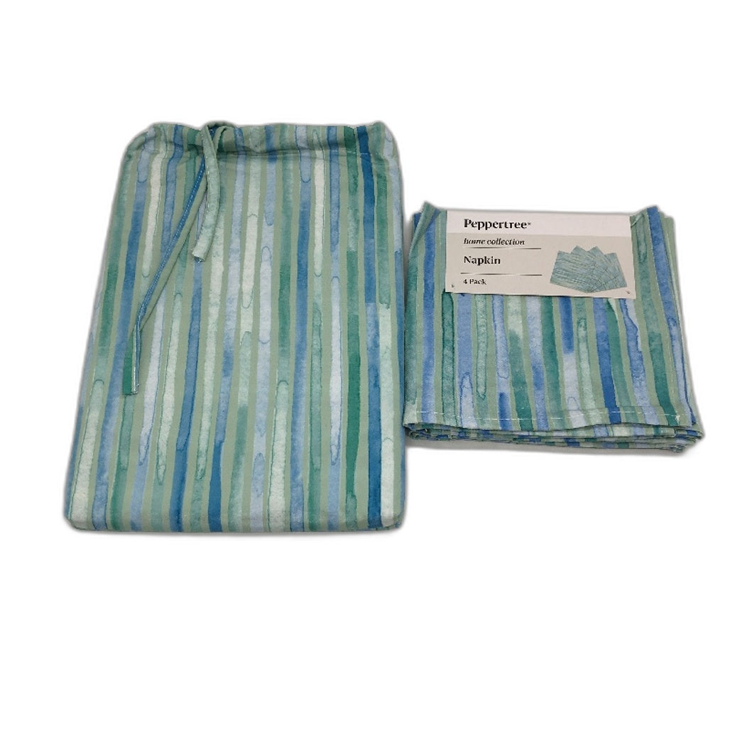 Peppertree Blue Green Watercolour Stripe 130x178cm Tablecloth & Napkins Set NEW