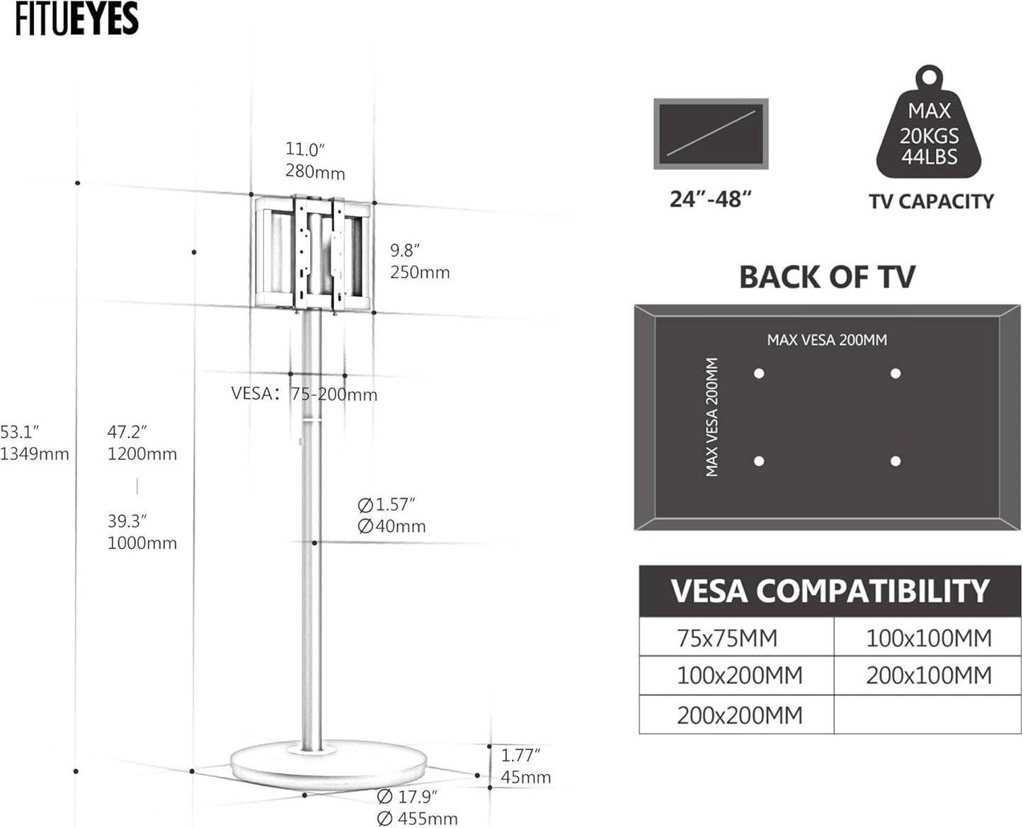 FITUEYES Minimalist Rolling TV Cart for 24-48 Inch TVs with Wheels... DEMO