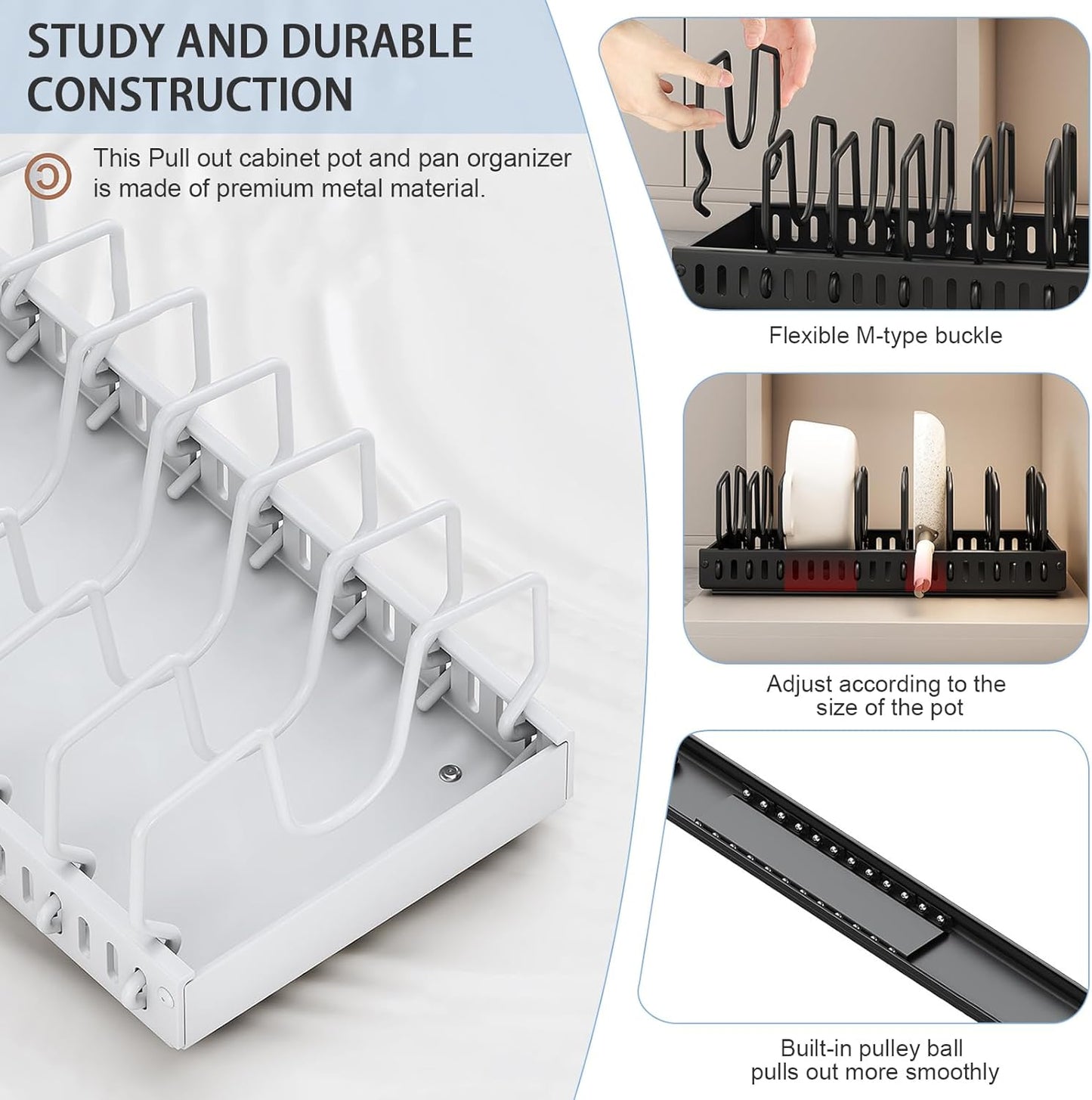 2 Pack 8 Divider Pull Out Pots and Pans Organiser for Cabinet in White NEW