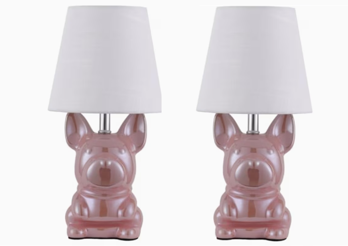 EOEYYOYB Set of 2 Glazed Ceramic Bulldog Linen Shade Table Lamp in Pink NEW
