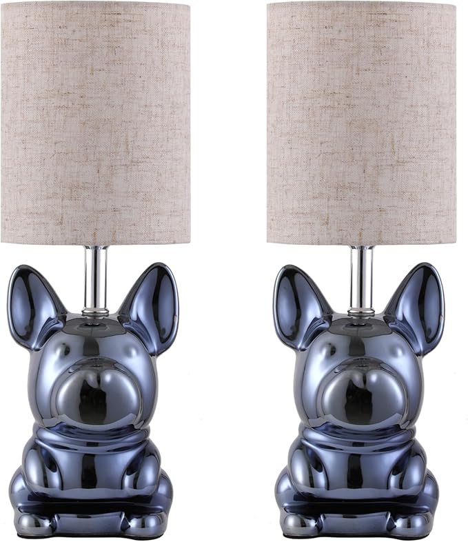EOEYYOYB Set of 2 Glazed Ceramic Bulldog Linen Shade Table Lamp in Navy NEW