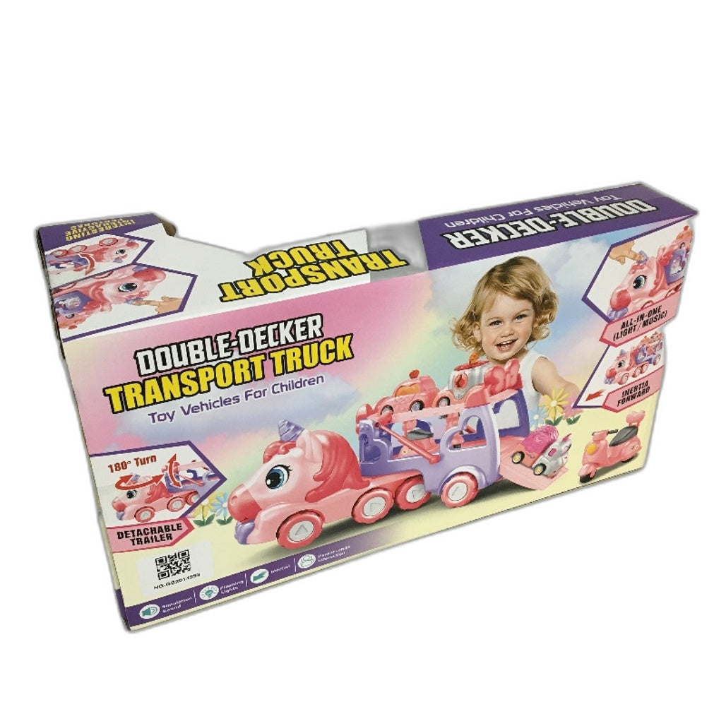 Daye Unicorn Pink Double Decker Transport Truck Holds 4 Mini Vehicles NEW