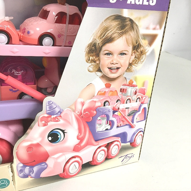 Daye Unicorn Pink Double Decker Transport Truck Holds 4 Mini Vehicles NEW