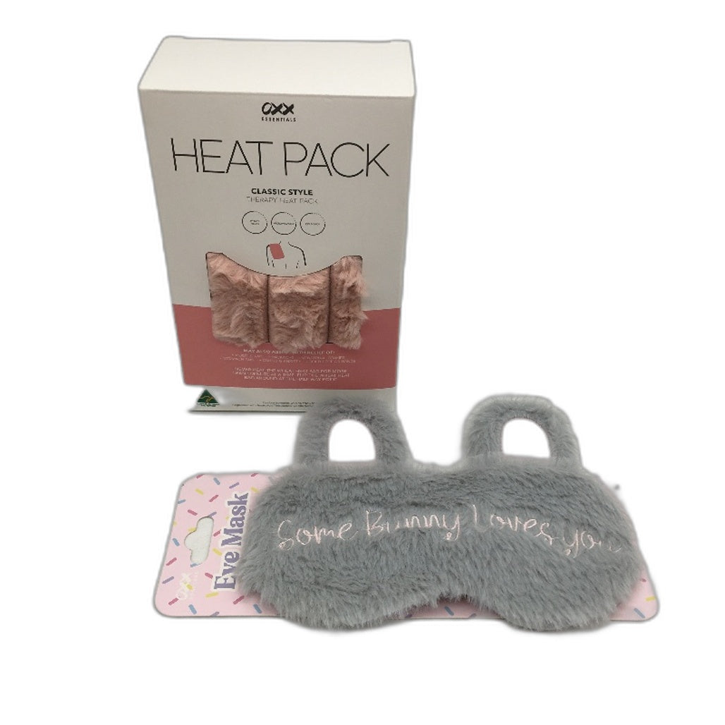 OXX Bodycare 2pk Bunny Eye Mask and Classic Style Pink Heat Pack Bundle NEW
