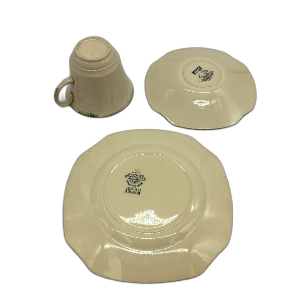 VINTAGE J & G Meakin England Romney Cream Green 3Pce Tea Cup, Saucer & Plate Set