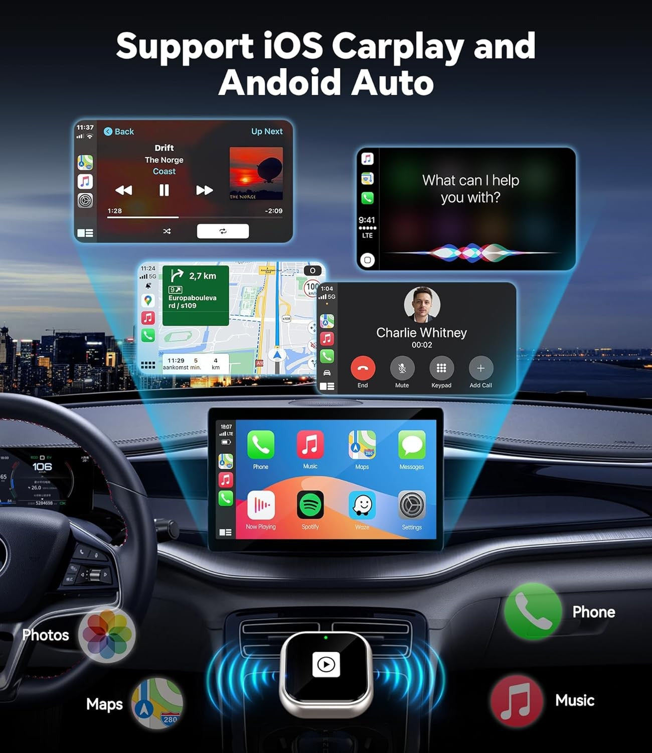 ENOMIR A10 Mini Wireless CarPlay Adapter for iPhone & Android Auto