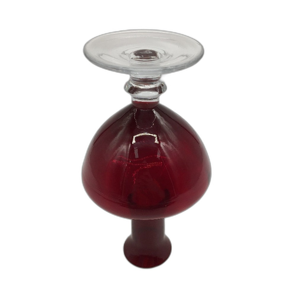 VINTAGE Ruby Red Wide Bodied Glass Vase With Clear Footed Base 18cm