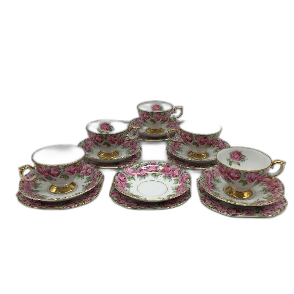 Nippon Bone China NBS Made In Japan Pink Rose 17Pce Tea Cup, Plate & Saucer Set