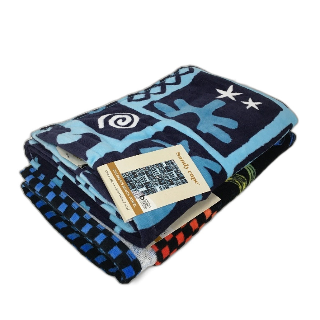 Kids 2 Piece Blue & Bright Soft Cotton Velour Printed Beach Towel Pack NEW