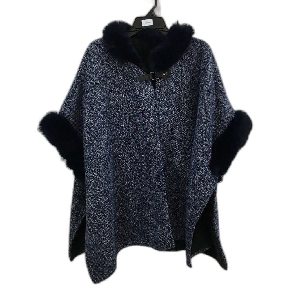 Navy Blue Faux Fur Collar Knit Outer Fleece Lined Evening Wear Poncho OSFM