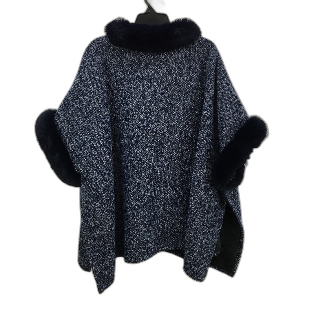 Navy Blue Faux Fur Collar Knit Outer Fleece Lined Evening Wear Poncho OSFM