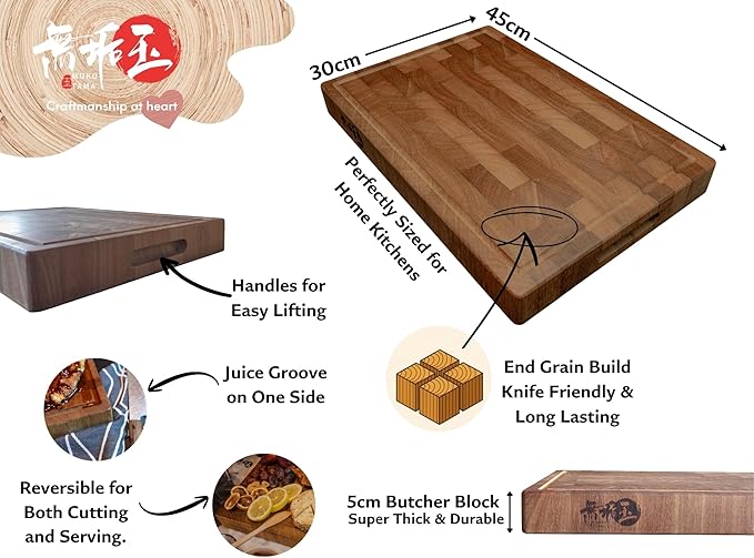 Muku Tama 5cm Thick End Grain Laos Teak Wood Heavy Duty Cutting Board NEW