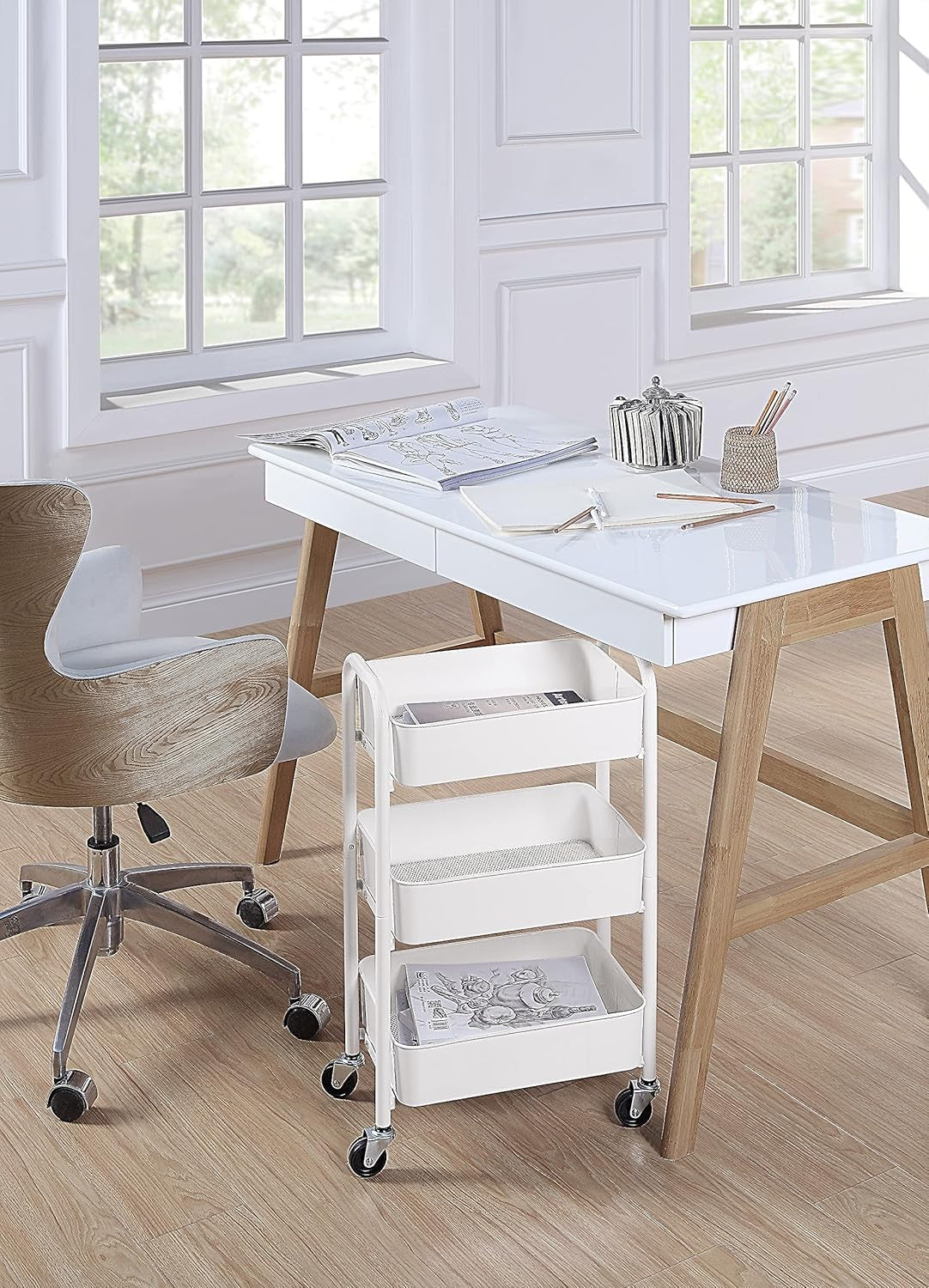 SunnyPoint 3-Tier Rolling Metal Storage Organiser Cart for Kitchen White