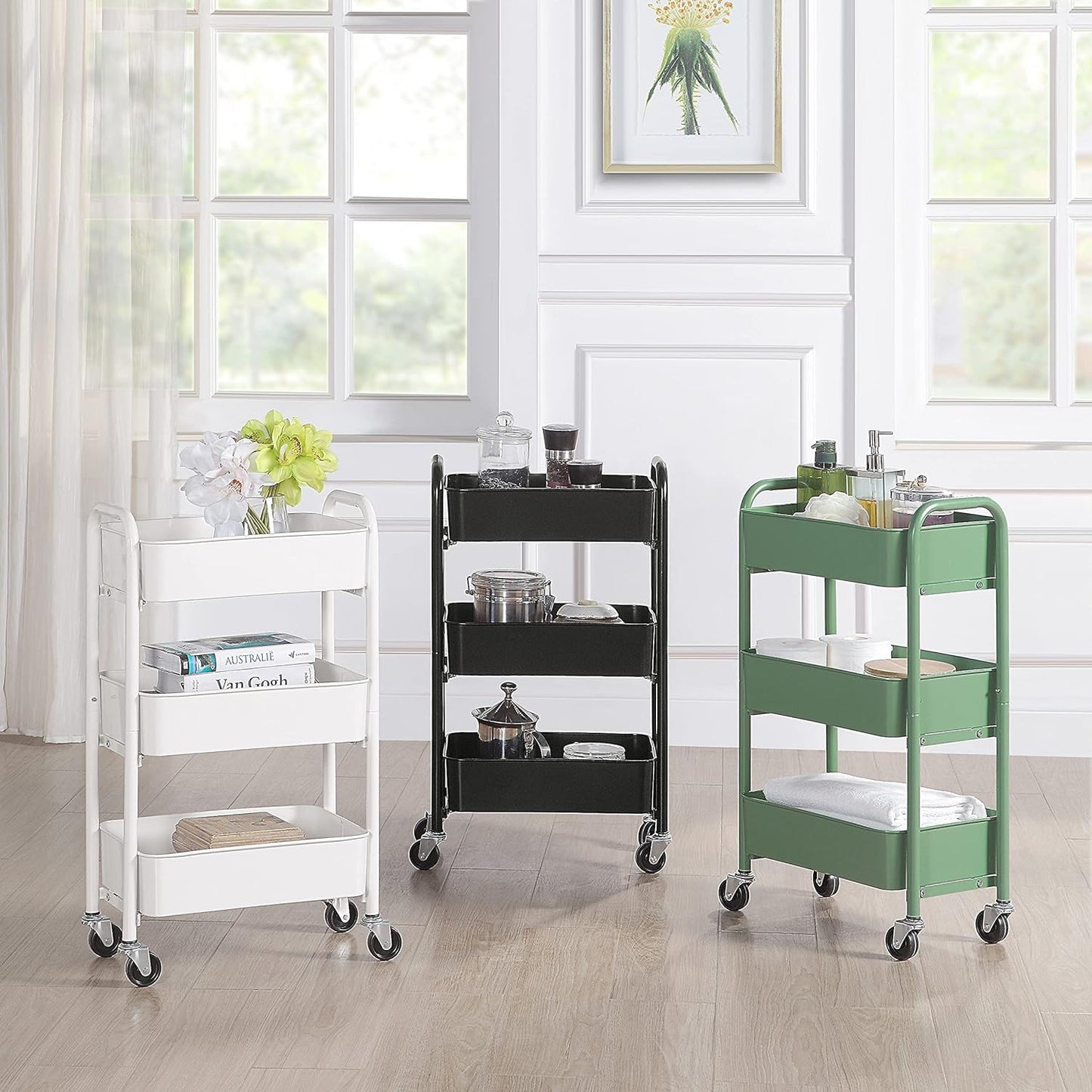 SunnyPoint 3-Tier Rolling Metal Storage Organiser Cart for Kitchen White