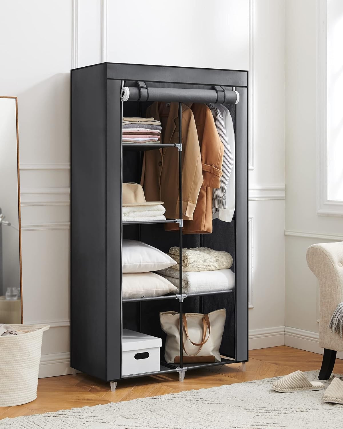 SONGMICS Customisable Fabric Wardrobe with 2 Hanging Rails & 6 Shelves NEW