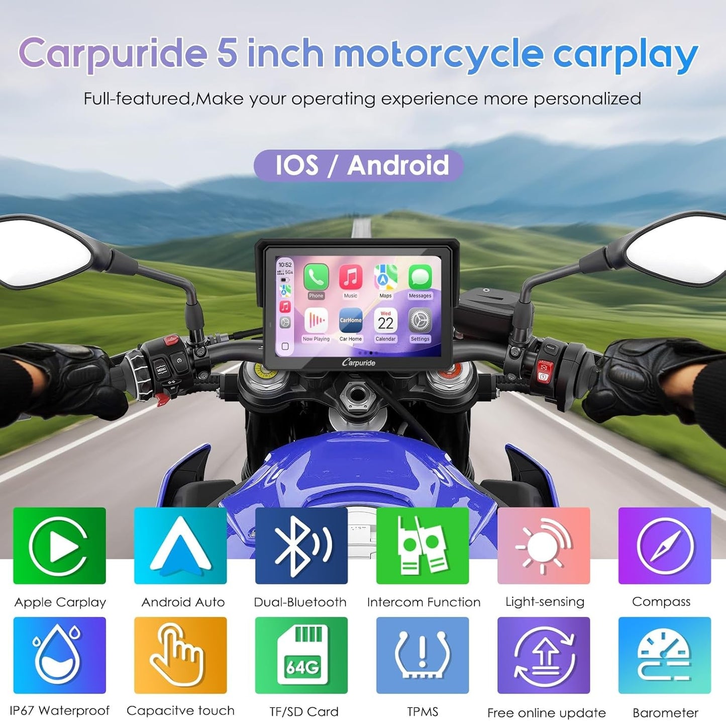 CARPURIDE W502TPRO 5" Waterproof GPS Navigation for Motorbike Music Intercom DEMO