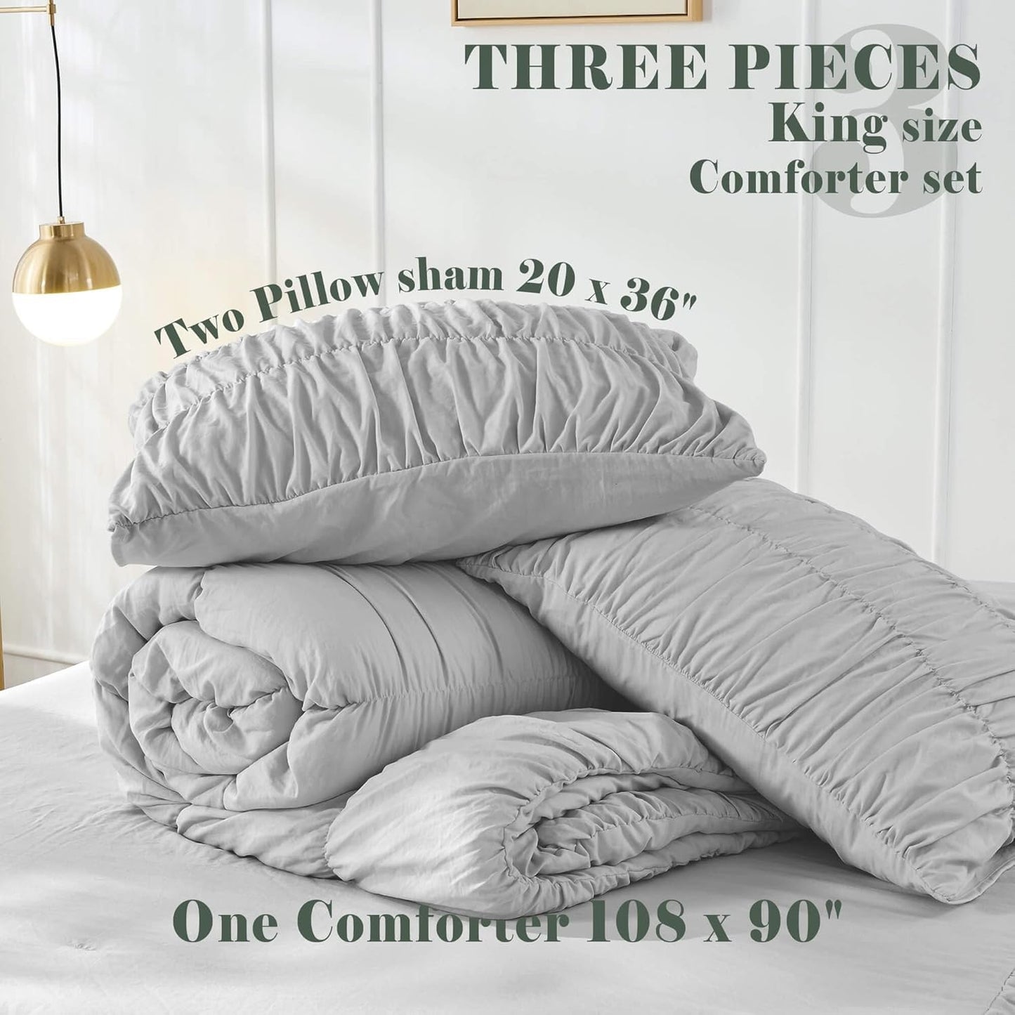 Bonlino King Size Comforter Set in Light Grey - Soft Luxury Bedding NEW